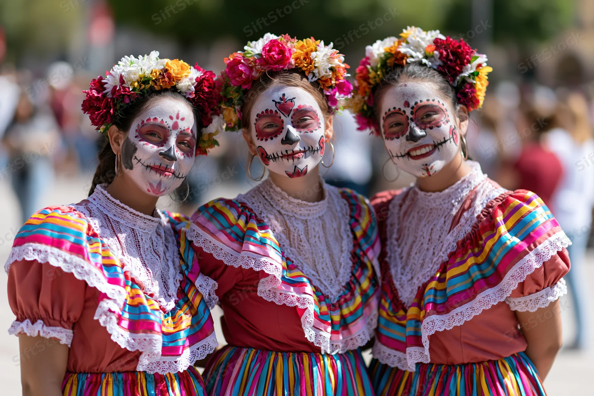 Three women with day of the dead face paint and floral crowns standing together outdoors