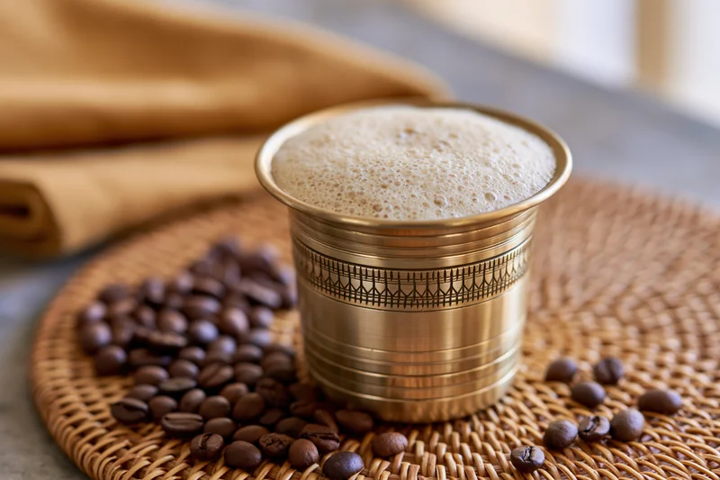 Traditional south indian filter coffee in a brass tumbler with froth and coffee beans on a woven placemat