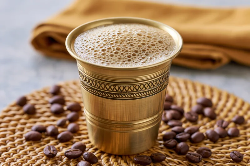 Traditional south indian filter coffee in a brass tumbler with froth and coffee beans on a woven placemat