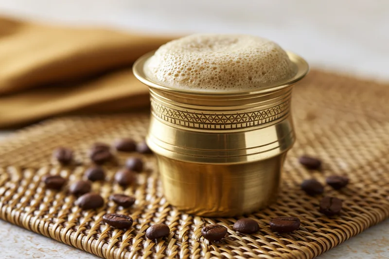 Traditional south indian filter coffee in a brass tumbler with froth on a woven mat surrounded by coffee beans