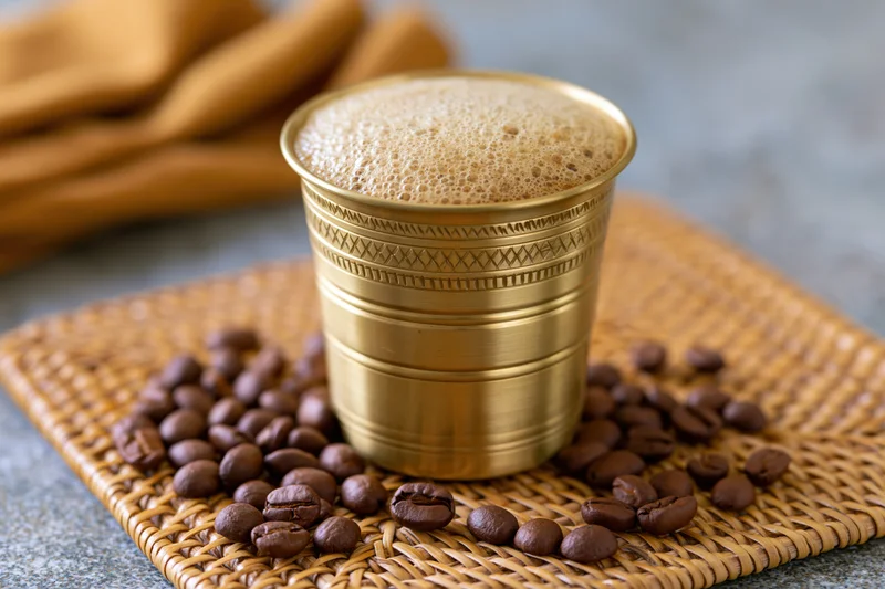 Traditional south indian filter coffee in a brass tumbler with froth, surrounded by coffee beans on a woven mat