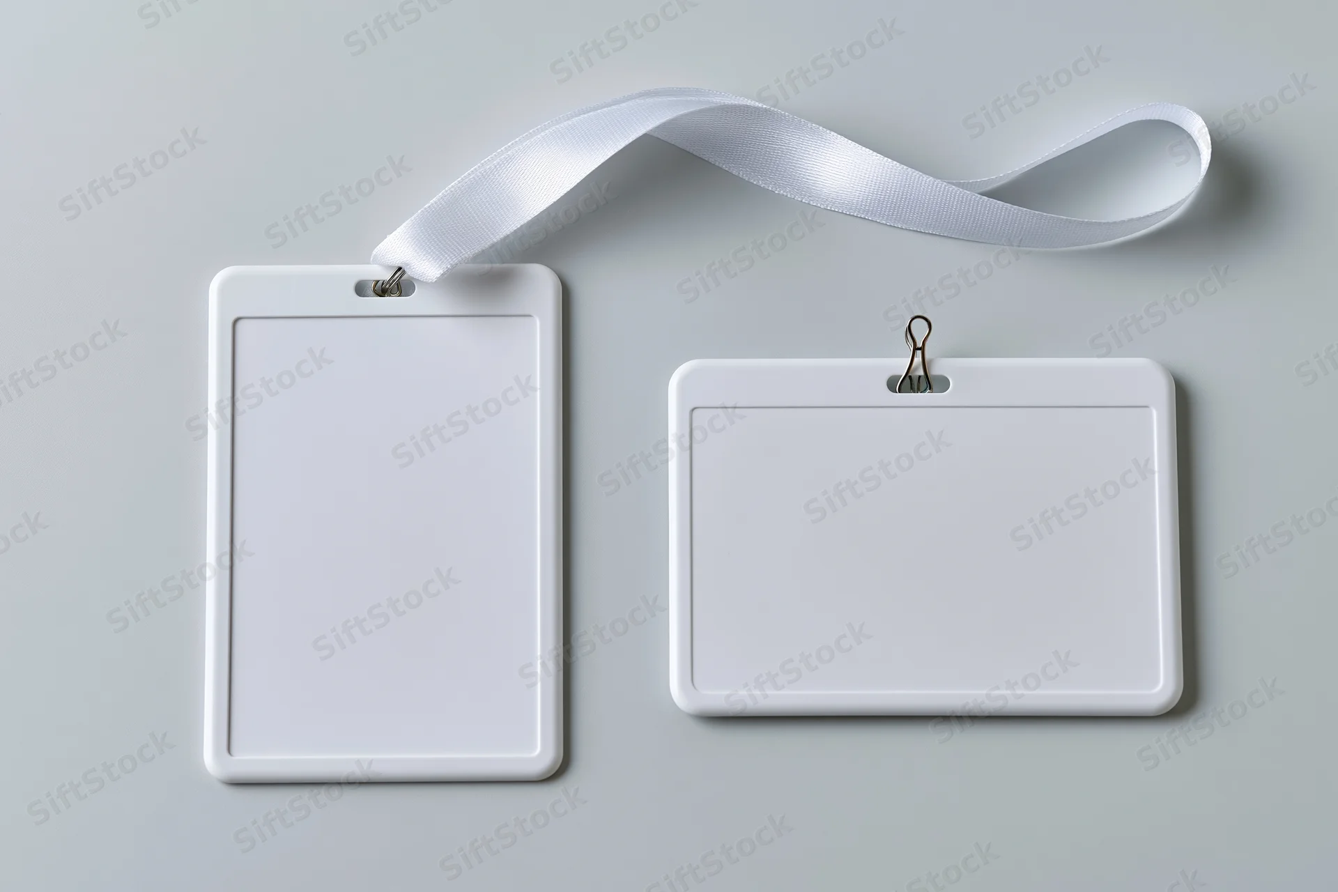 Two blank white plastic id badge holders one vertical with lanyard and one horizontal with clip on light gray surface