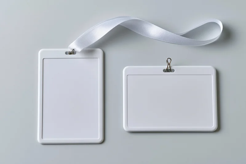 Two blank white plastic id badge holders one vertical with lanyard and one horizontal with clip on light gray surface