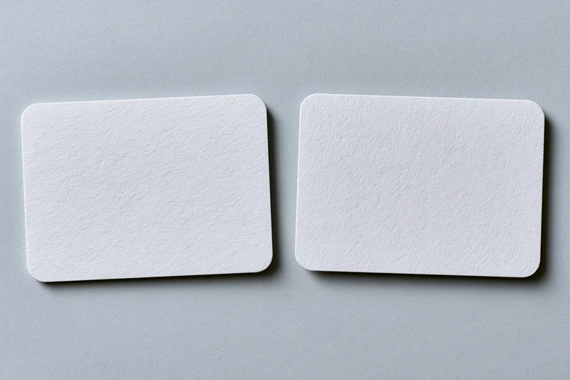 Two blank white textured business cards lying flat side by side on a gray surface