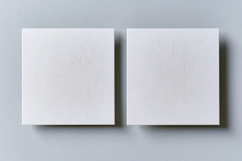 Two blank white textured business cards lying flat side by side on a gray surface