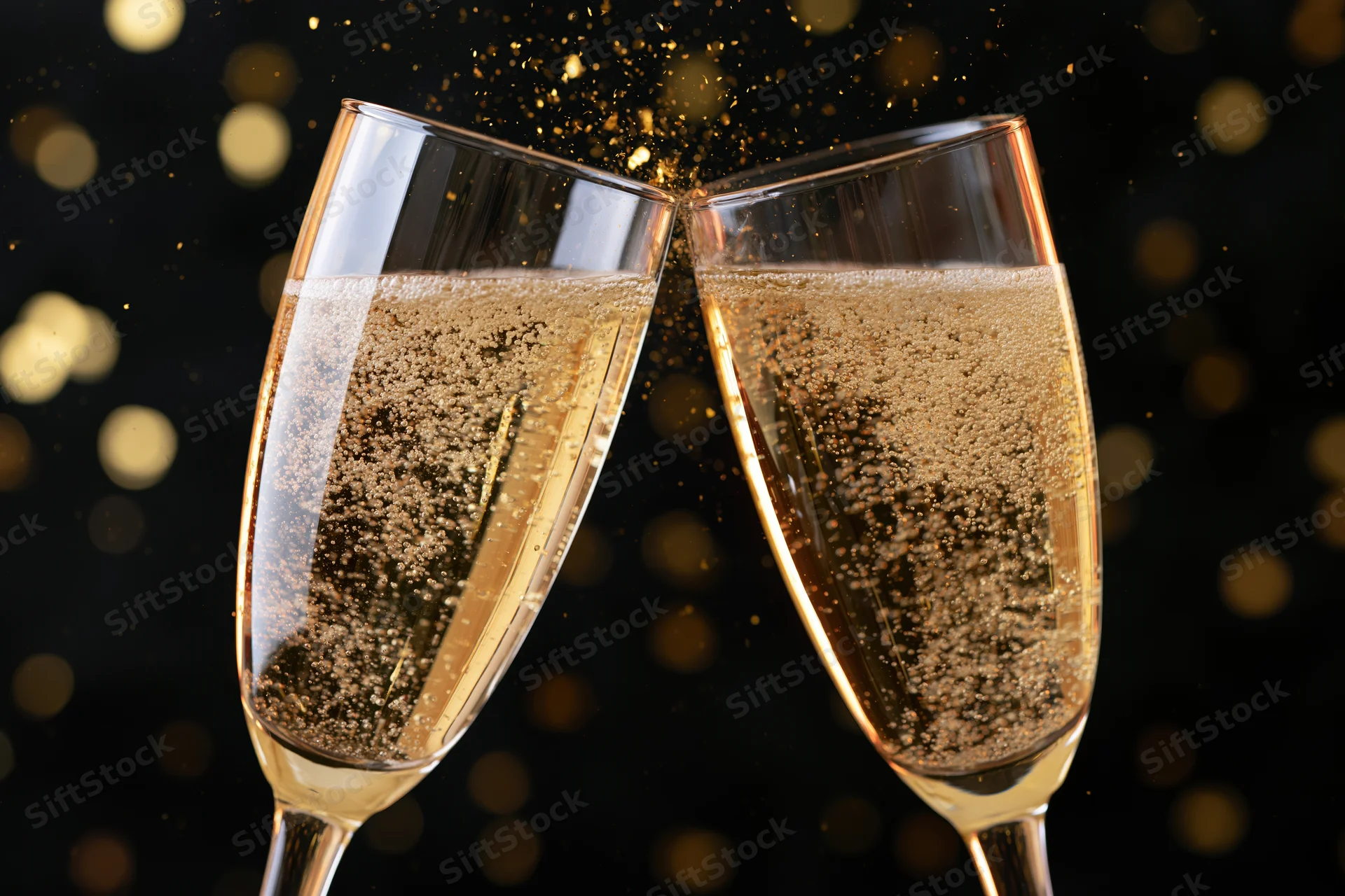Two champagne flutes clinking together in a toast with golden sparkles against a dark background