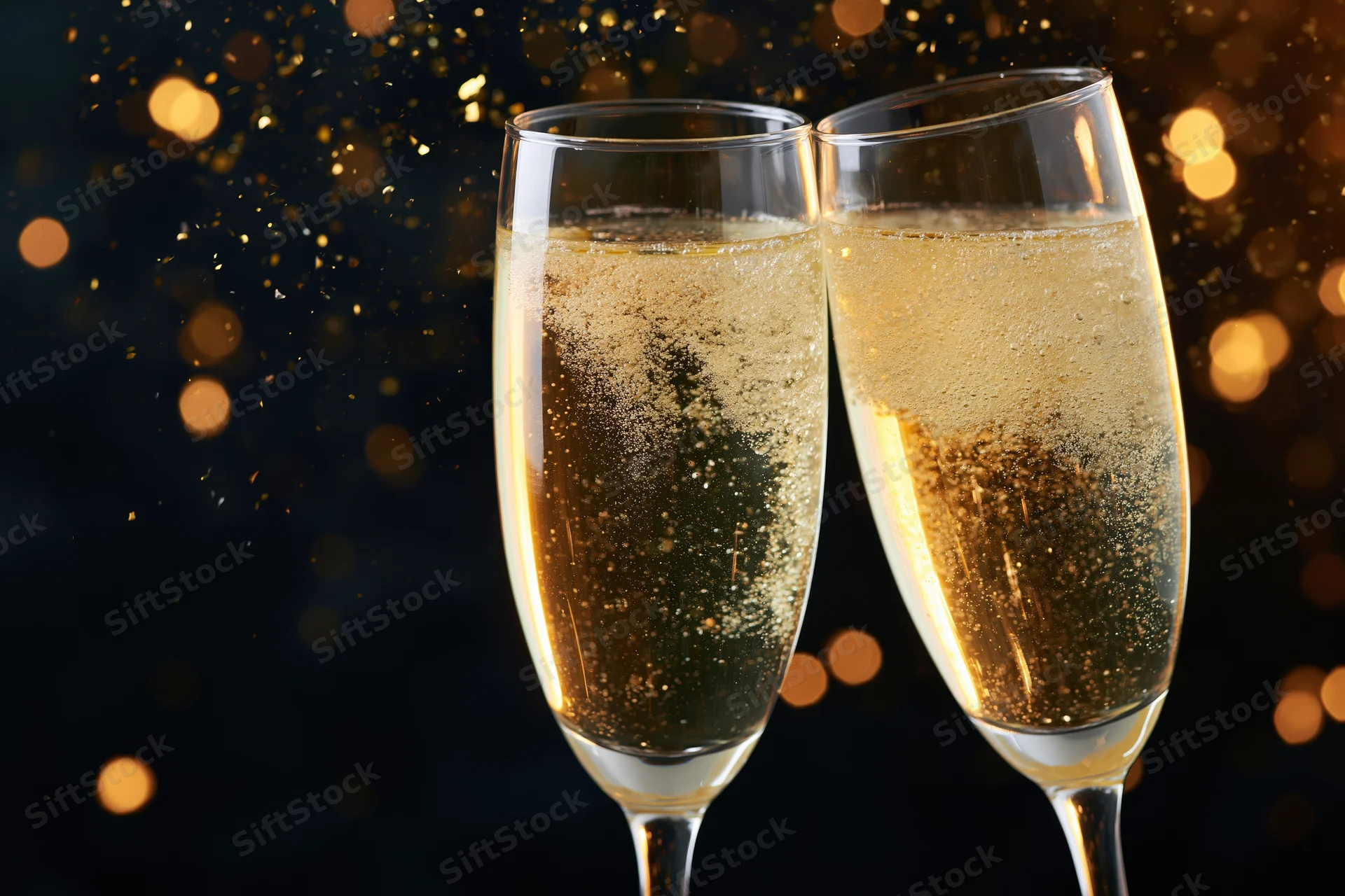 Two champagne flutes clinking together in a toast against a sparkling golden bokeh background