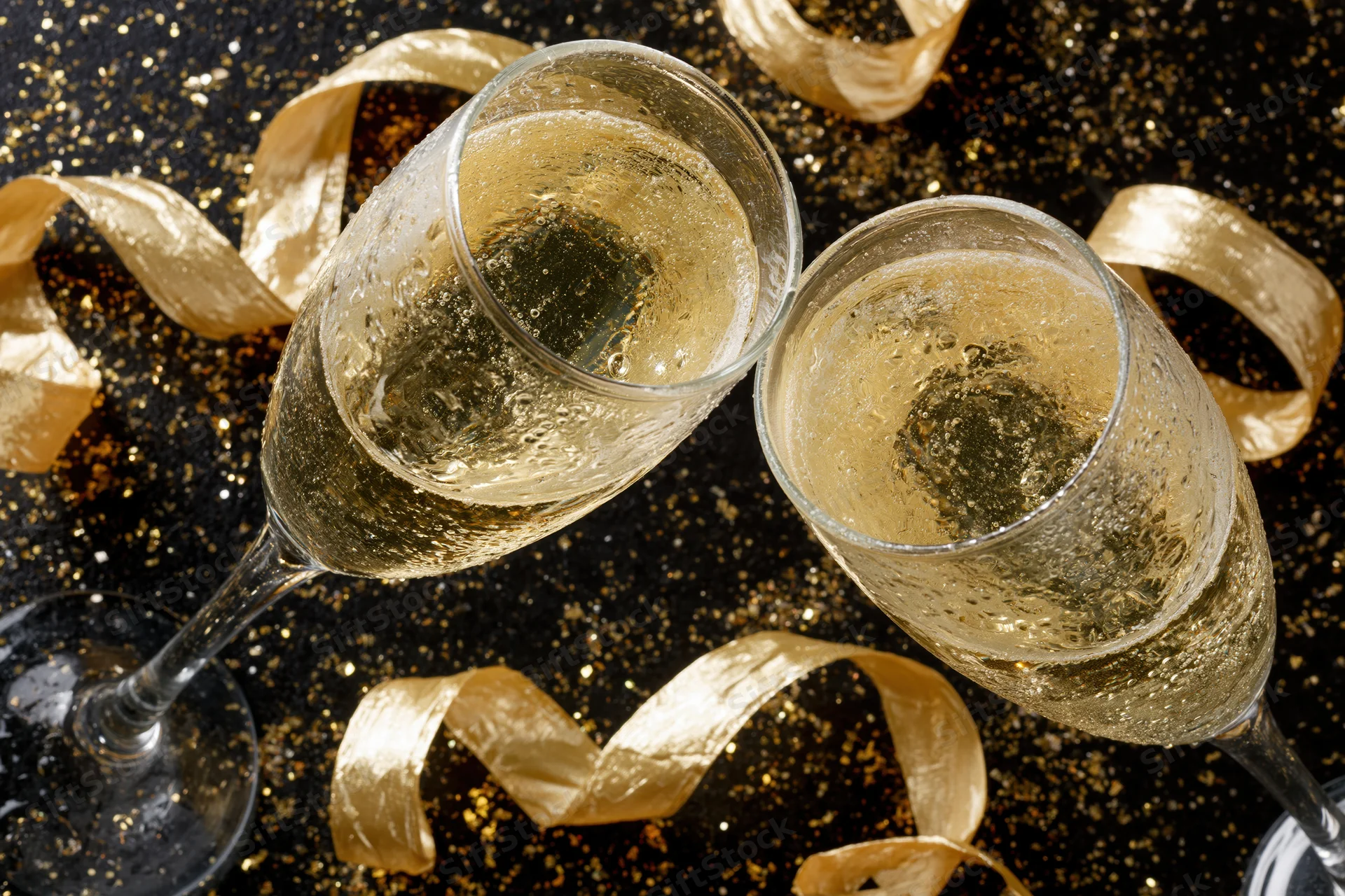 Two champagne flutes clinking together on a black glittery surface with golden ribbons