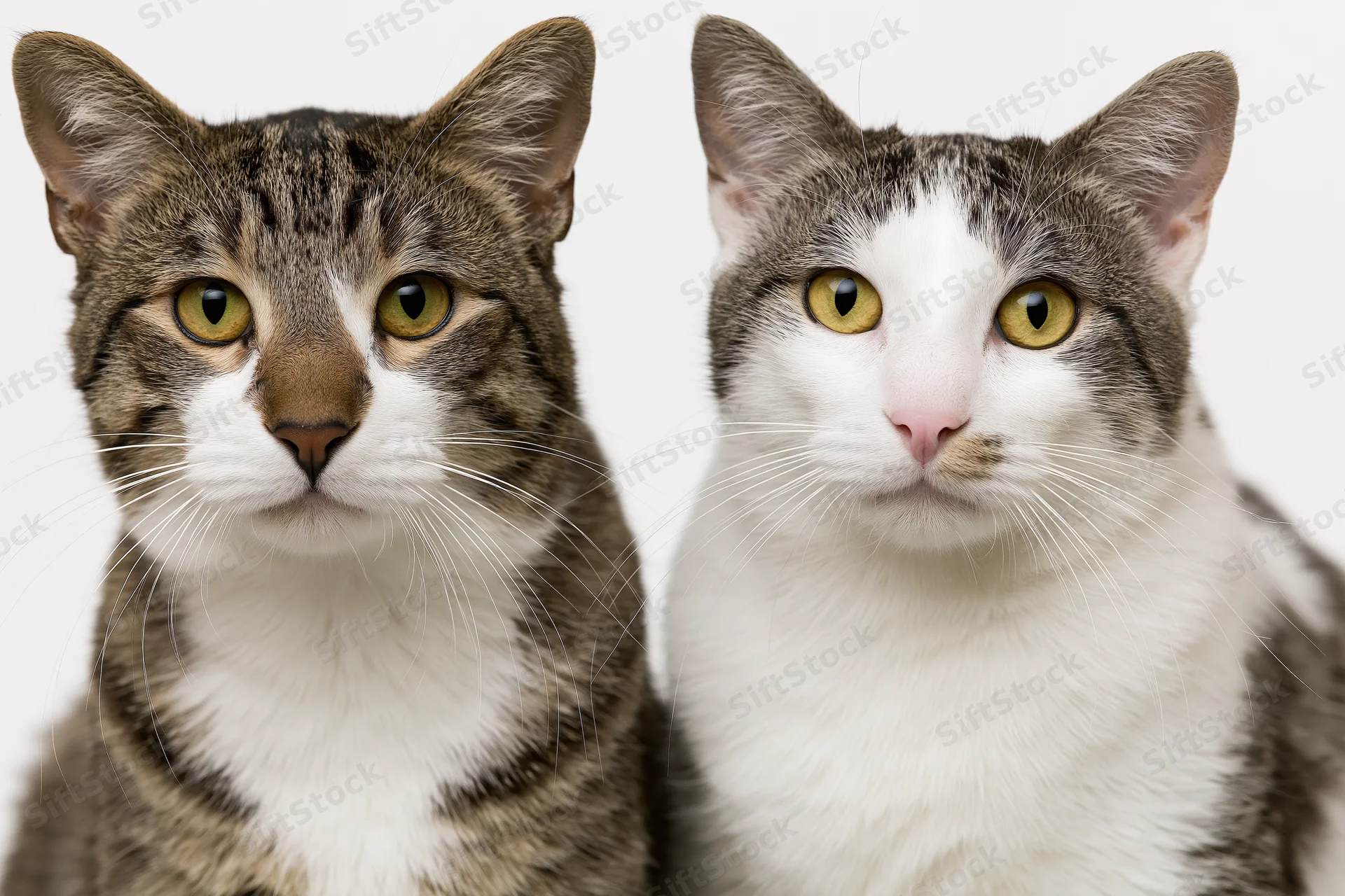 Two domestic cats sitting side by side looking directly at camera in studio portrait