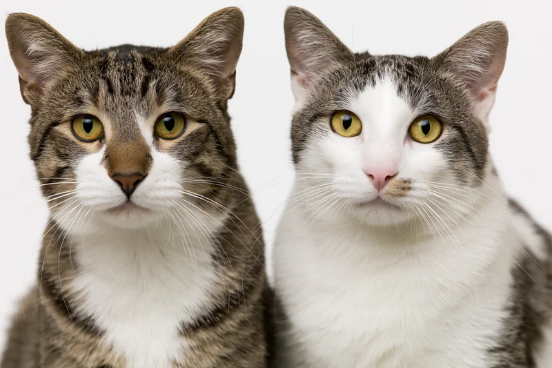 Two domestic cats sitting side by side looking directly at camera in studio portrait