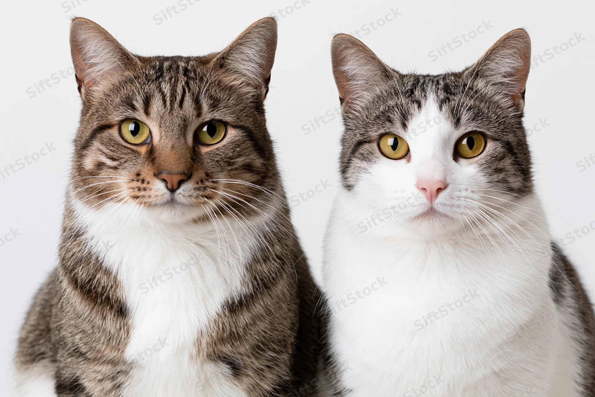 Two domestic cats sitting side by side looking directly at camera in studio portrait