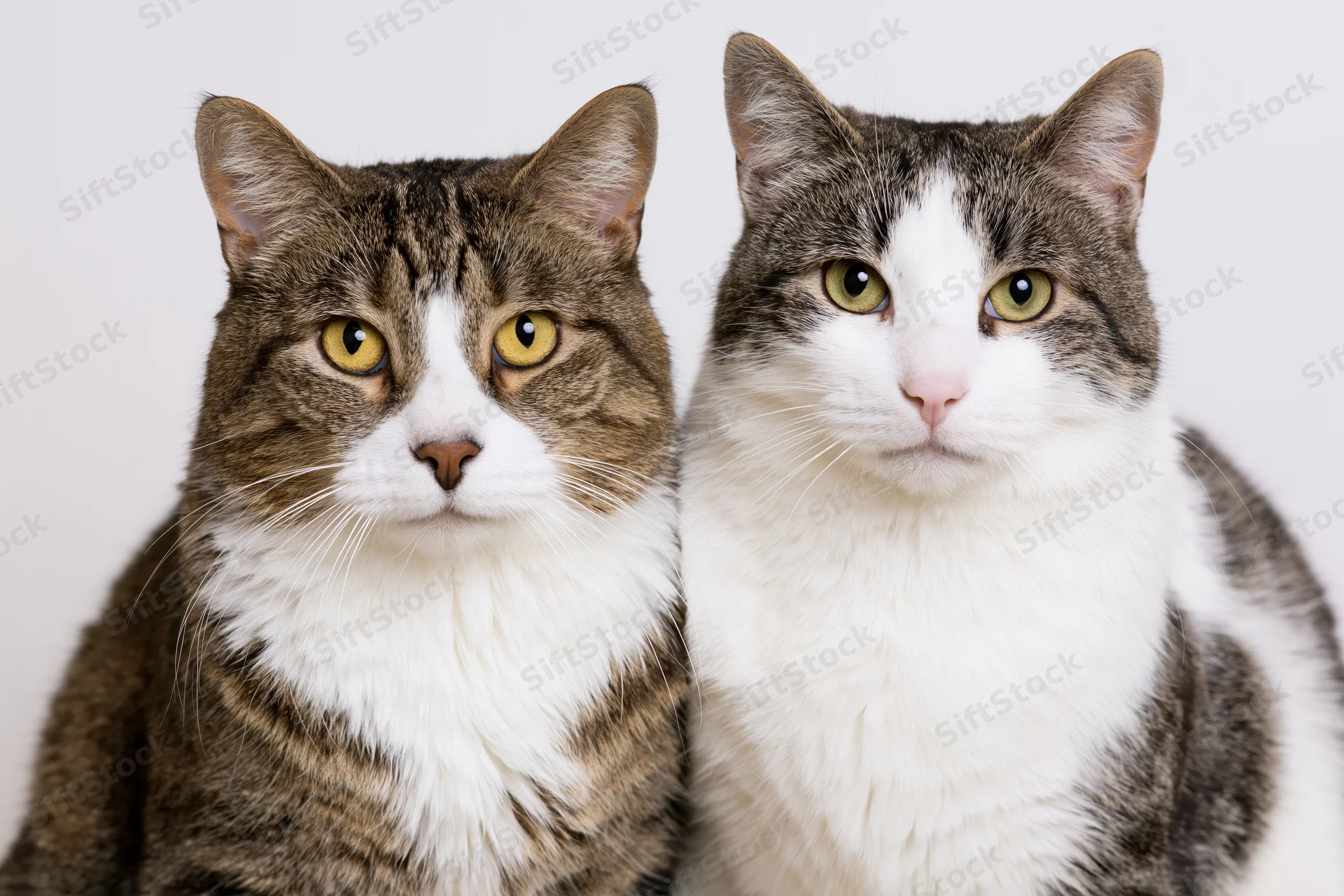 Two domestic cats sitting side by side looking directly at camera in studio portrait