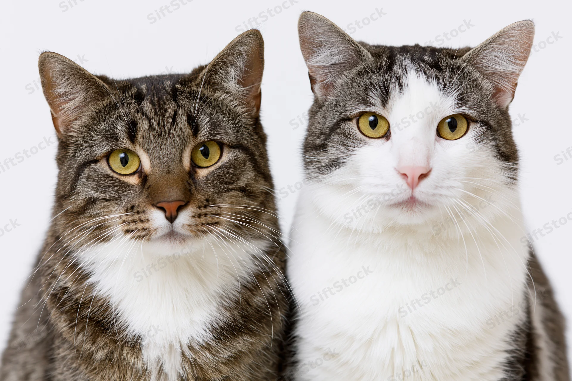 Two domestic cats sitting side by side looking directly at camera in studio portrait