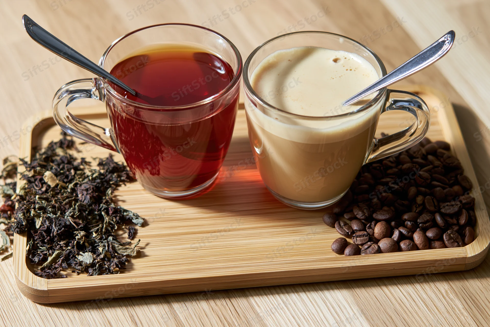 Two glass mugs filled with tea and coffee on a bamboo tray with dried leaves and coffee beans beside them