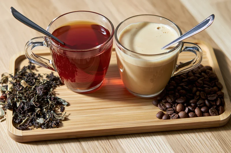 Two glass mugs filled with tea and coffee on a bamboo tray with dried leaves and coffee beans beside them