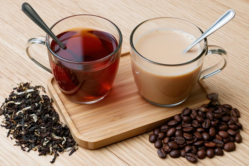 Two glass mugs with tea and coffee on a bamboo tray beside loose tea leaves and coffee beans