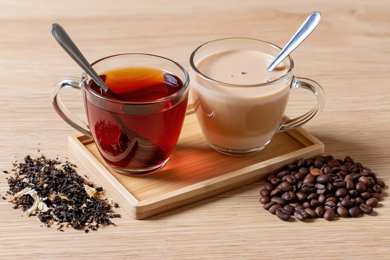 Two glass mugs with tea and coffee on a bamboo tray beside coffee beans and tea leaves on a wooden table