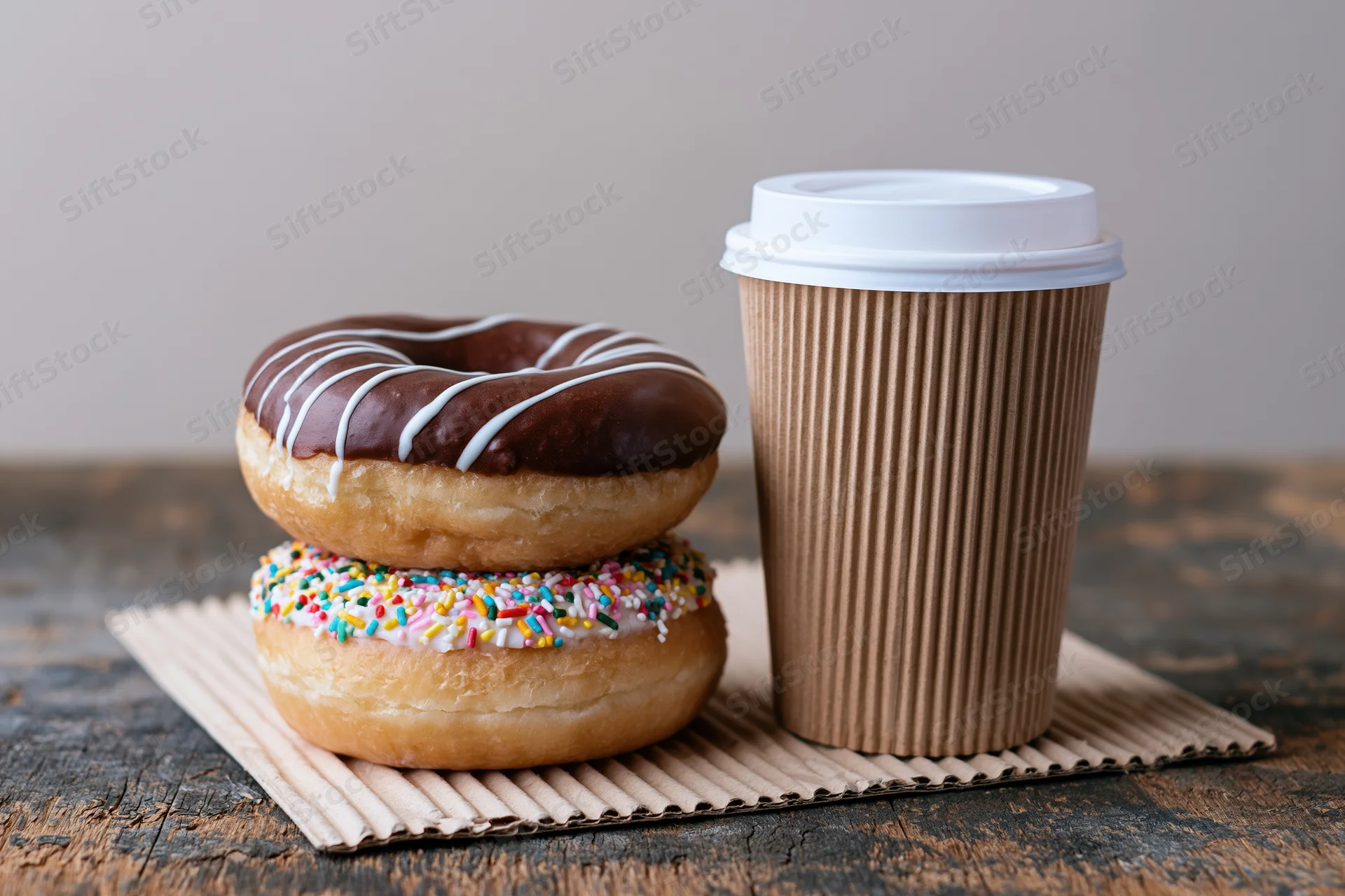 Two donuts stacked with chocolate and sprinkles frosting next to a paper coffee cup on a wooden table
