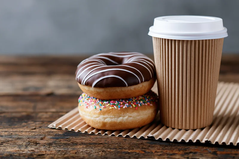 Two donuts stacked with chocolate frosting and sprinkles beside a paper coffee cup on a wooden table