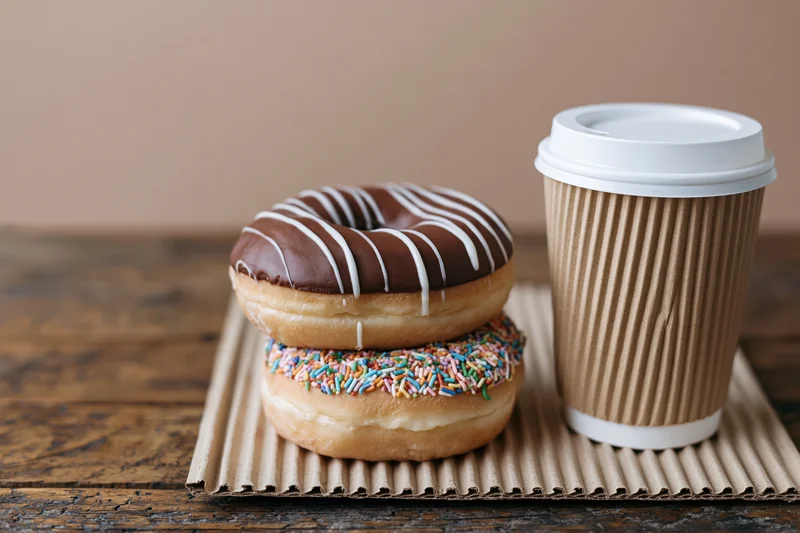 Two donuts stacked on a cardboard tray beside a coffee cup on a wooden table