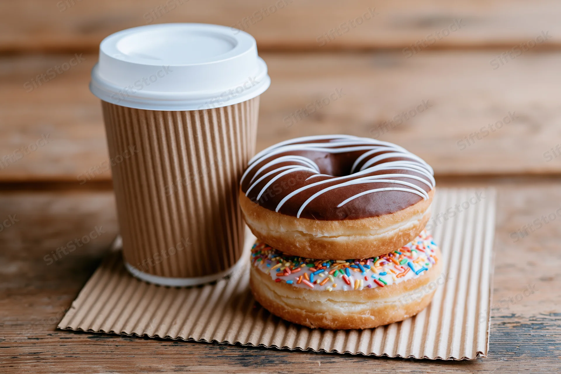 Two donuts stacked with chocolate and white frosting beside a coffee cup on a wooden table