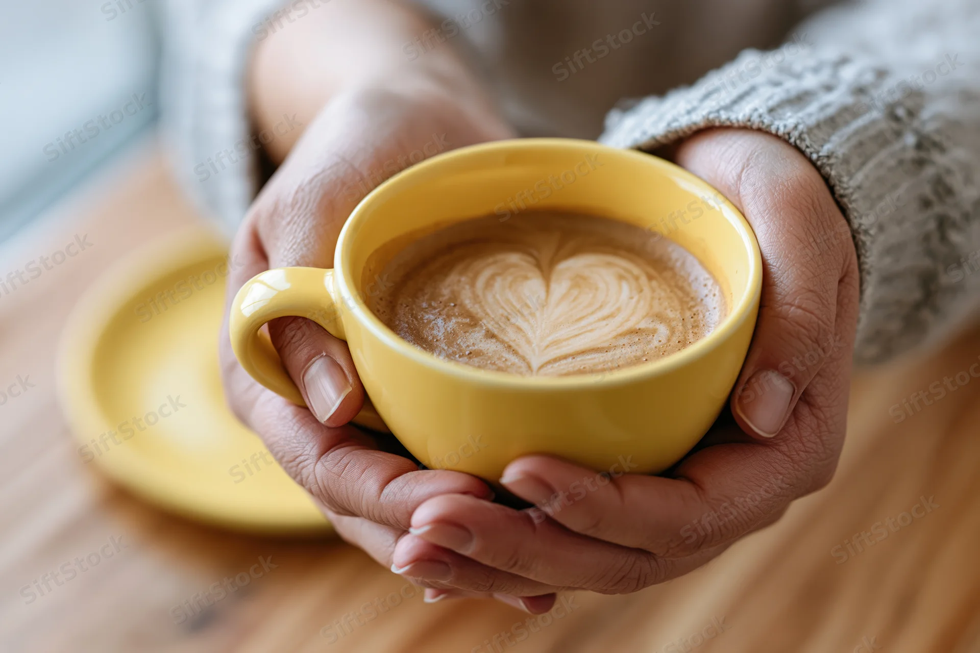 Hands cradling a yellow ceramic coffee cup with heart-shaped latte art on a wooden table