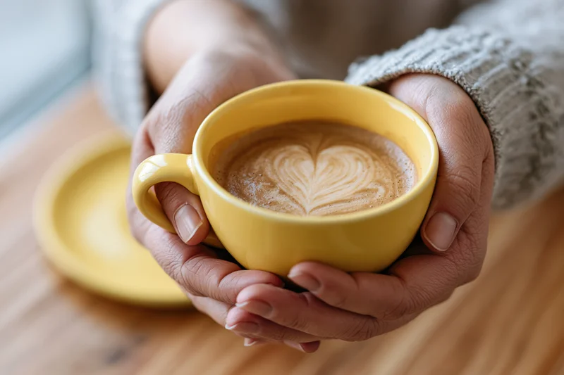 Hands cradling a yellow ceramic coffee cup with heart-shaped latte art on a wooden table