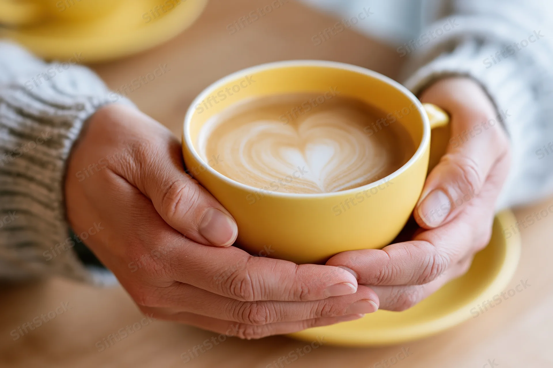 Hands cradling a yellow ceramic coffee cup with heart-shaped latte art on a wooden table
