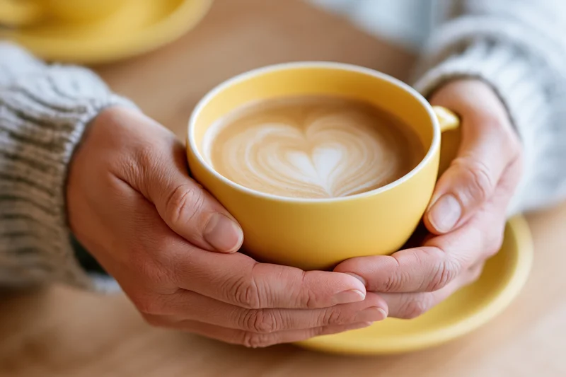 Hands cradling a yellow ceramic coffee cup with heart-shaped latte art on a wooden table