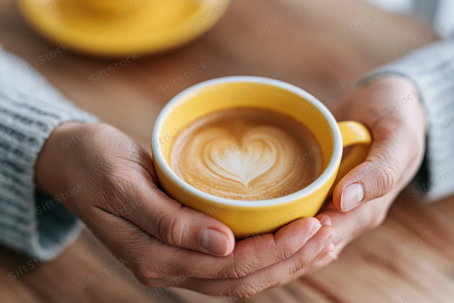 Hands cradling a yellow ceramic coffee cup with heart-shaped latte art on a wooden table