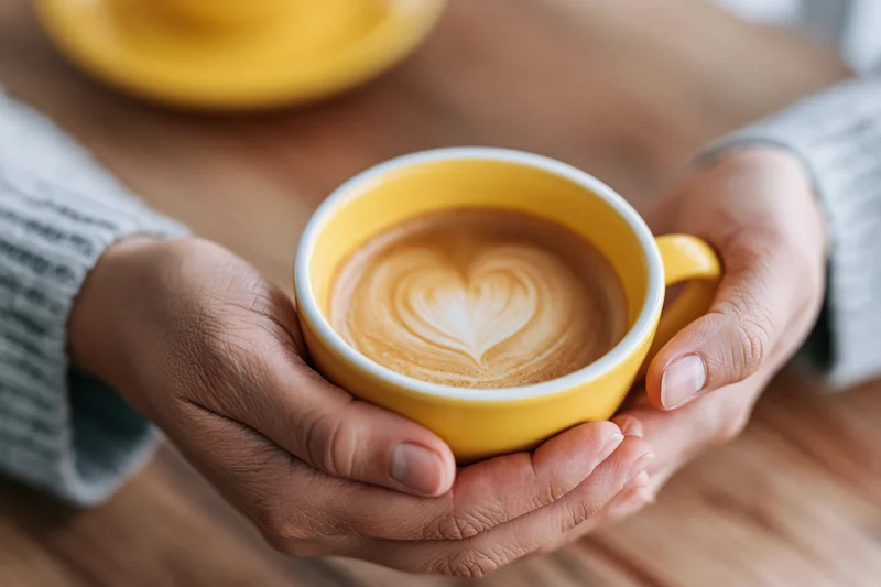Hands cradling a yellow ceramic coffee cup with heart-shaped latte art on a wooden table