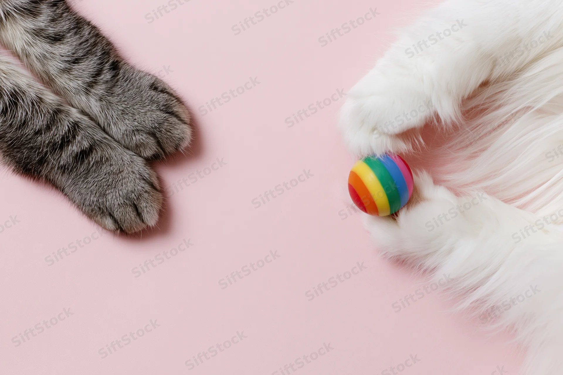 Two cat paws on pink surface, one holding rainbow toy, flat lay view