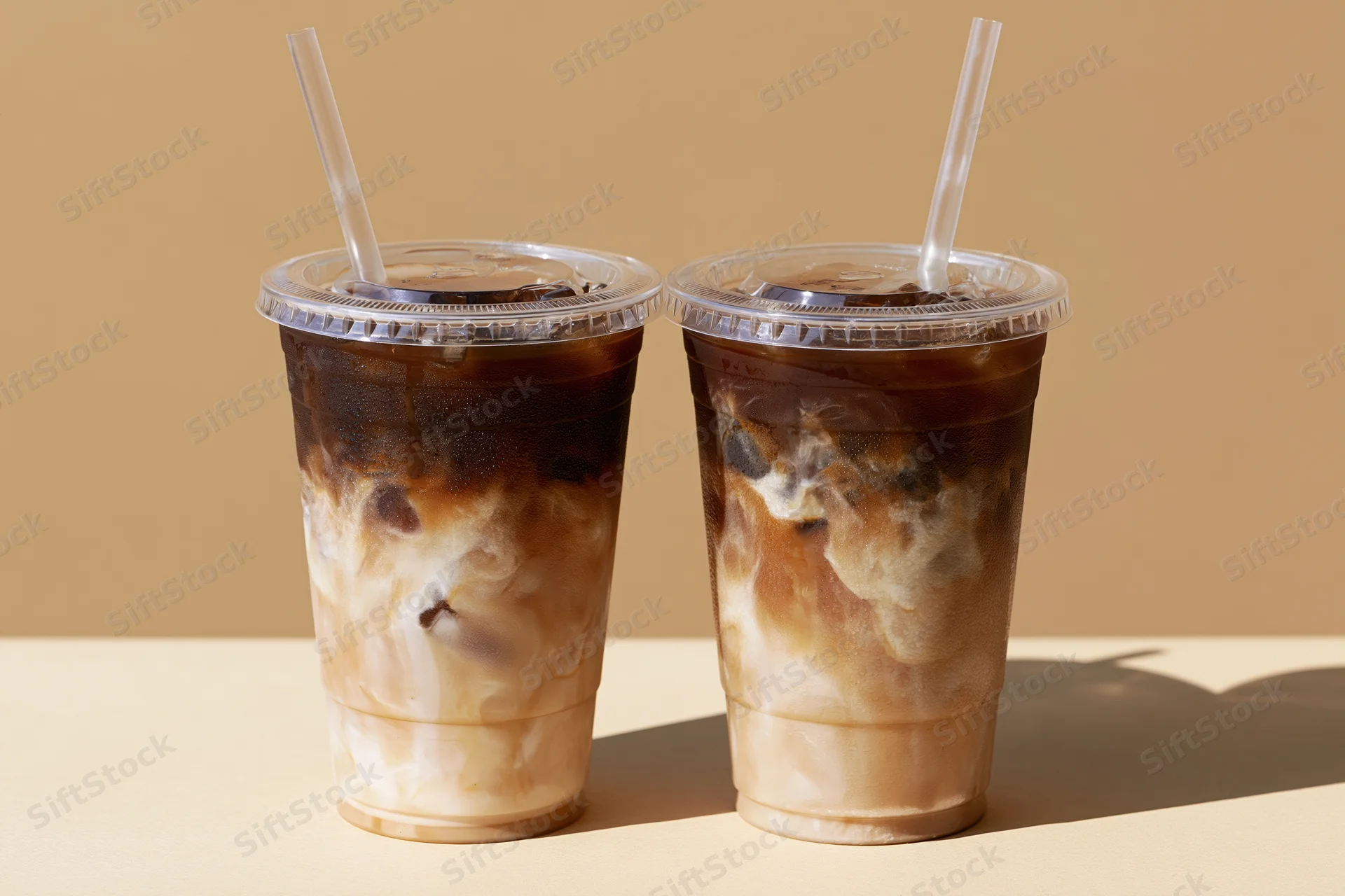 Two plastic takeaway cups of iced coffee with milk swirls on a beige surface