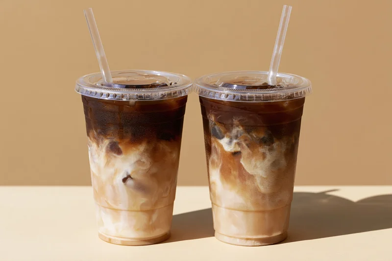 Two plastic takeaway cups of iced coffee with milk swirls on a beige surface