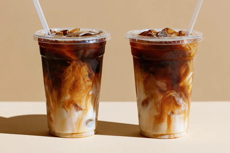 Two plastic takeaway cups of iced coffee with milk swirls on a beige surface