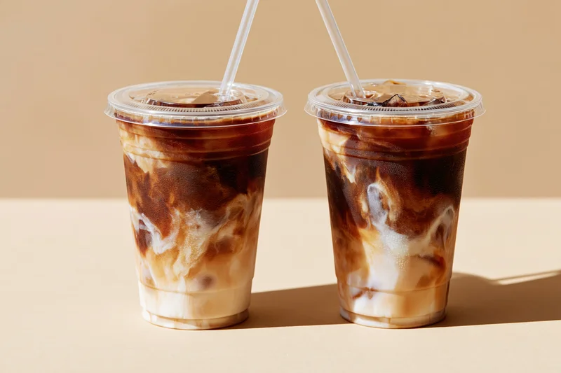 Two plastic takeaway cups of iced coffee with milk swirls on a beige surface