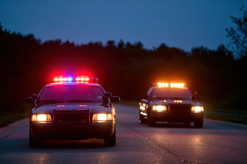 Two police cruisers driving toward camera on suburban road at night with flashing lights and headlights on