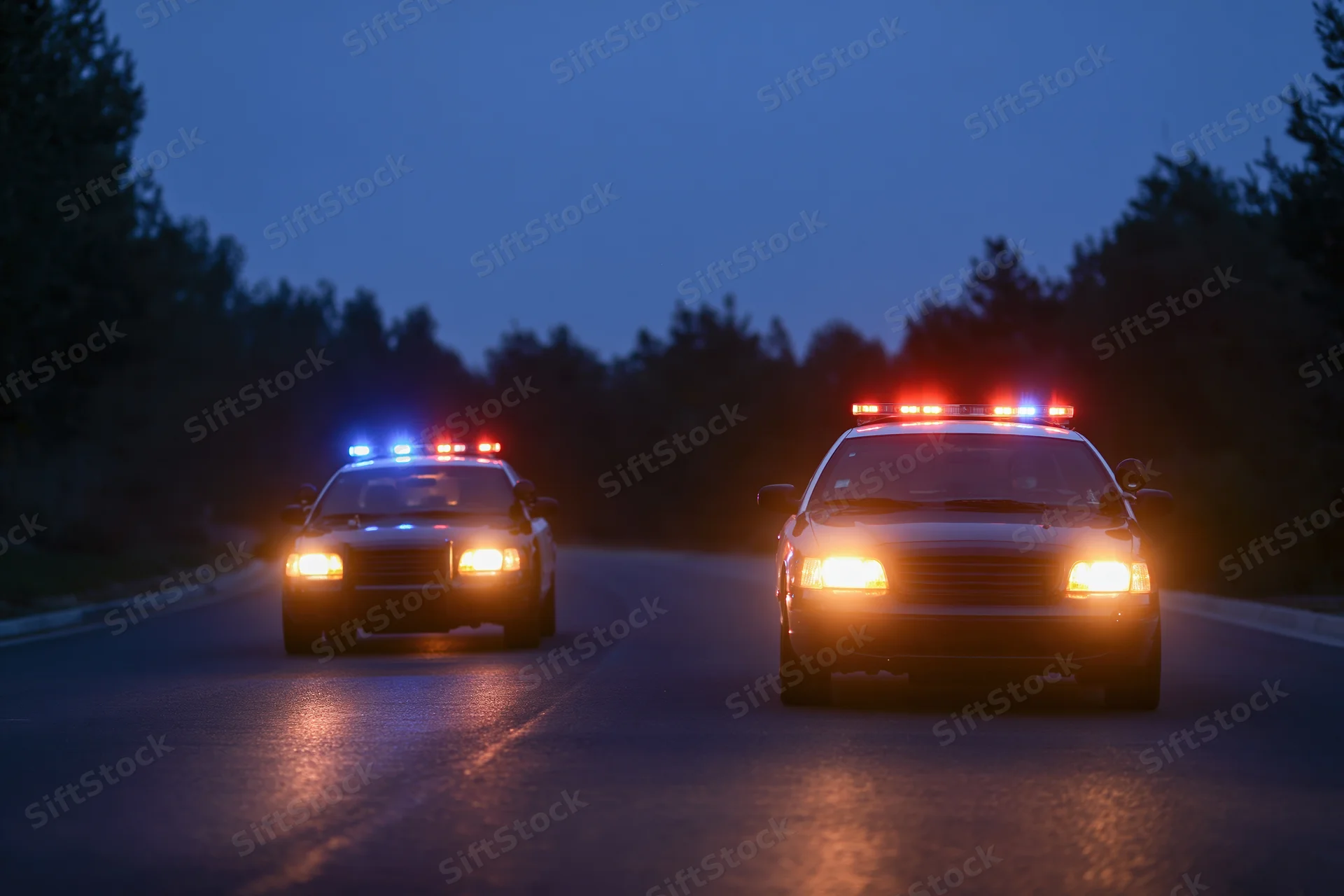Two police cruisers driving toward camera on suburban road at night with flashing lights and headlights on