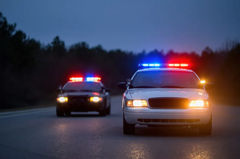 Two police cruisers driving toward camera on suburban road at night with flashing lights and headlights on