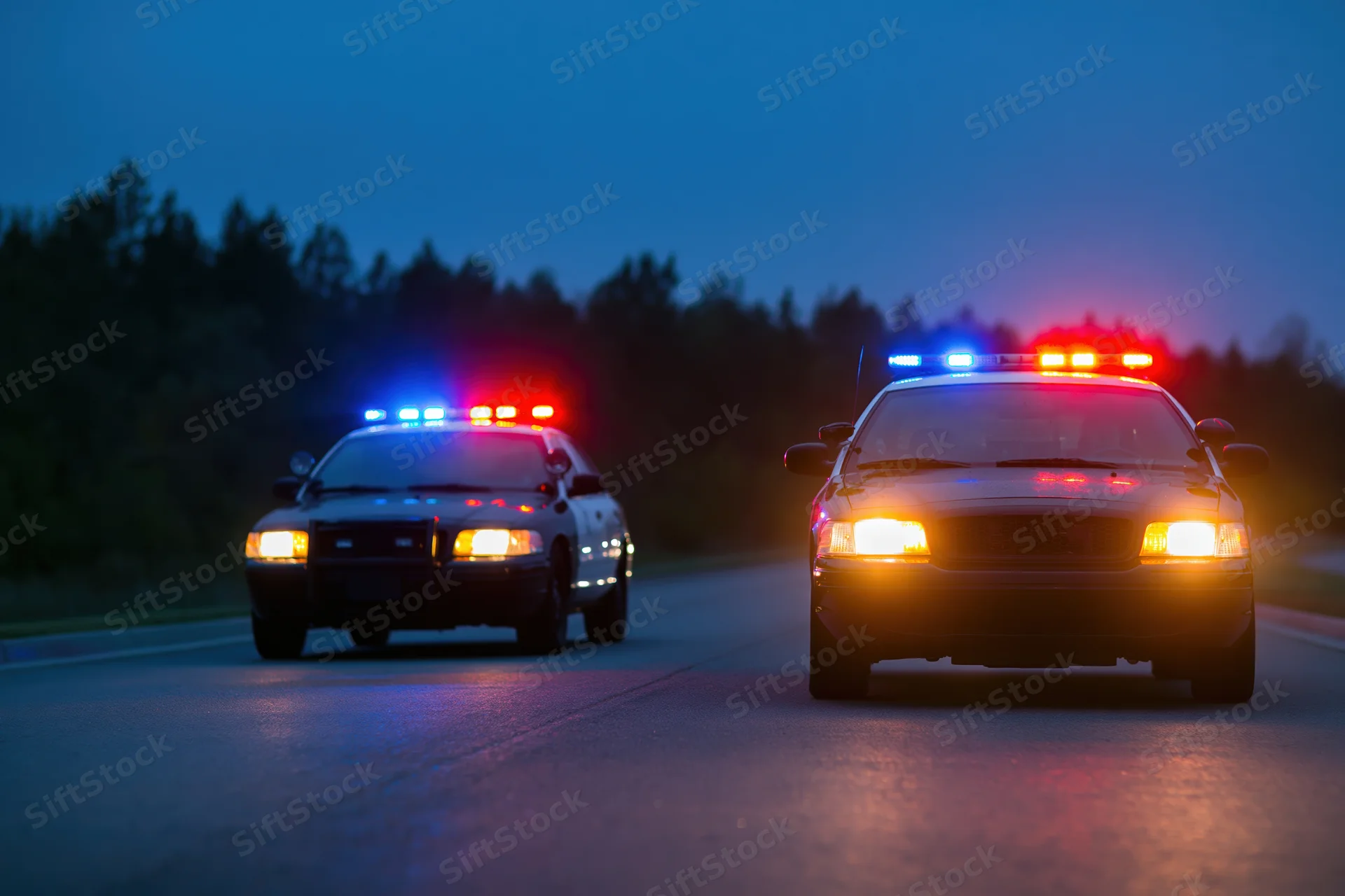 Two police cruisers driving toward camera on suburban road at dusk with flashing lights and headlights on