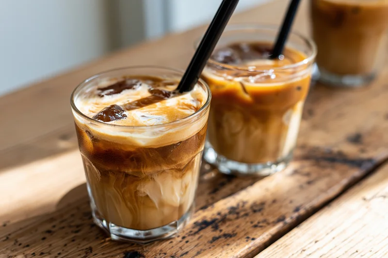 Iced coffee with cream swirl in short glasses on wooden table