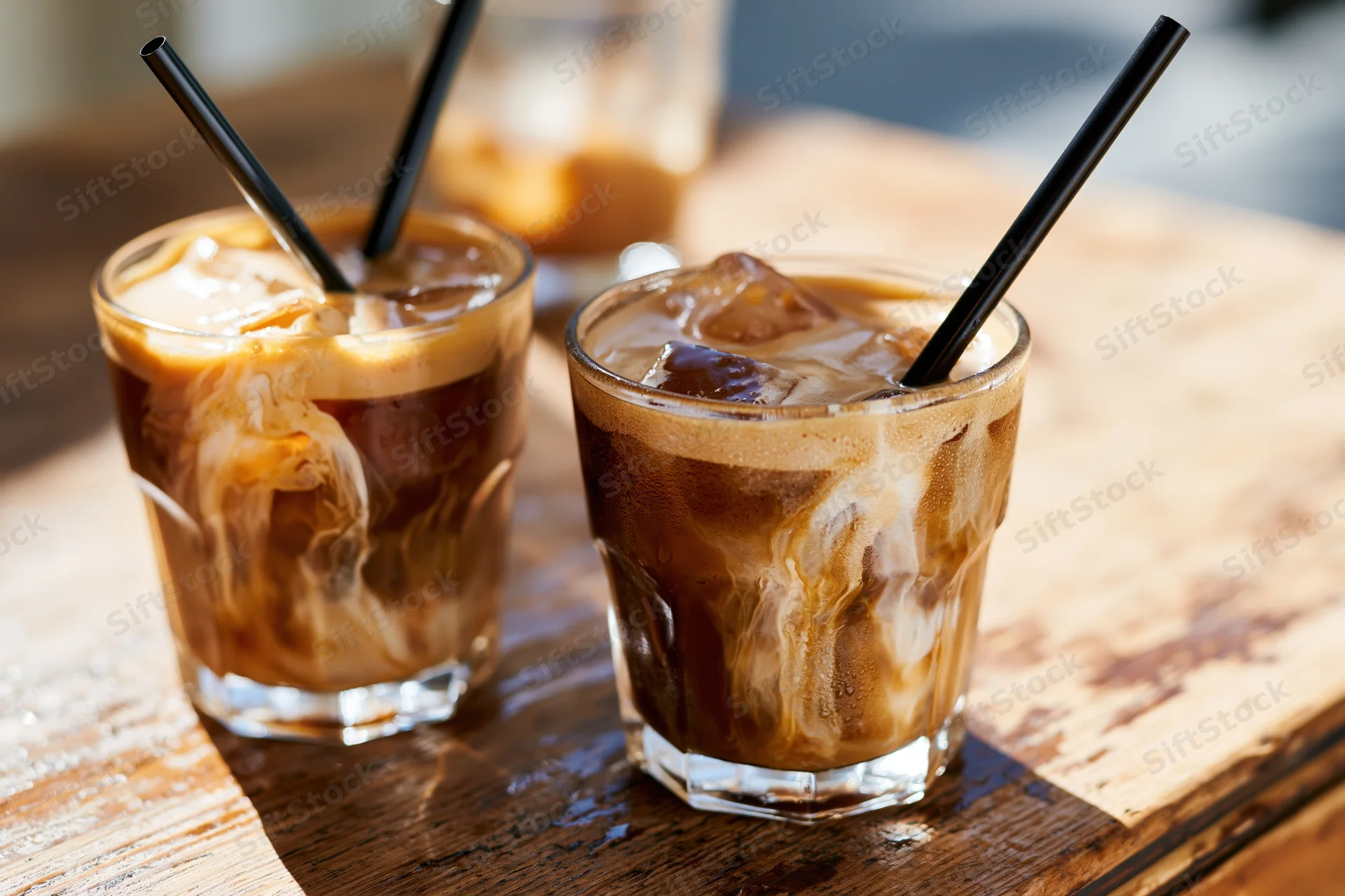 Two short glasses of iced coffee with cream swirls and black straws on a wooden table