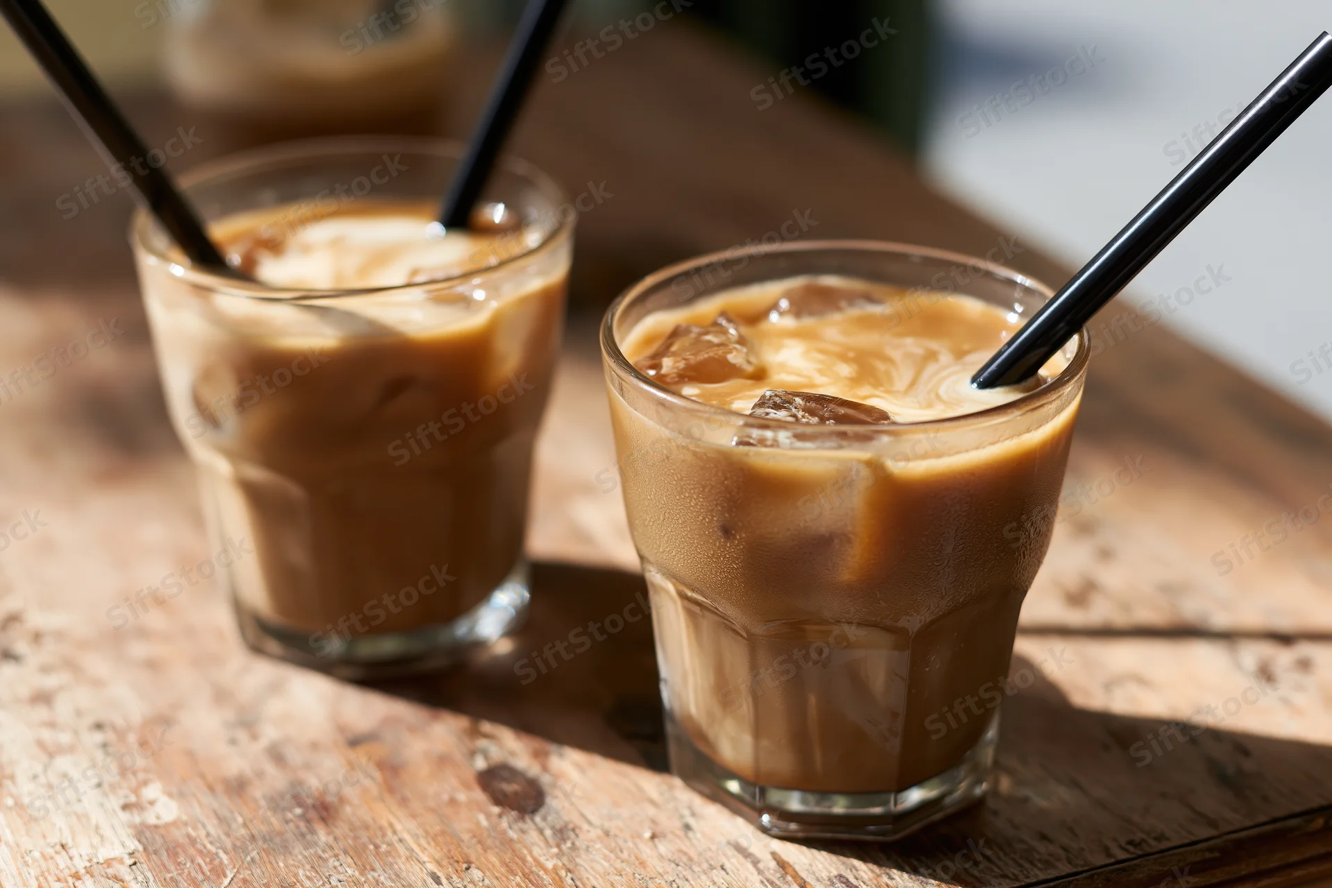 Two glasses of iced coffee with cream and ice on a wooden table in sunlight