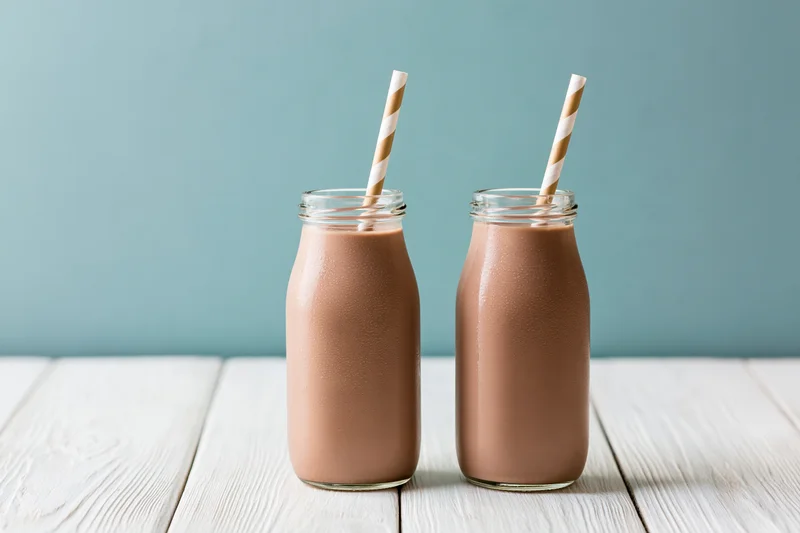 Two glass bottles of chocolate milk with striped straws on a white wooden table