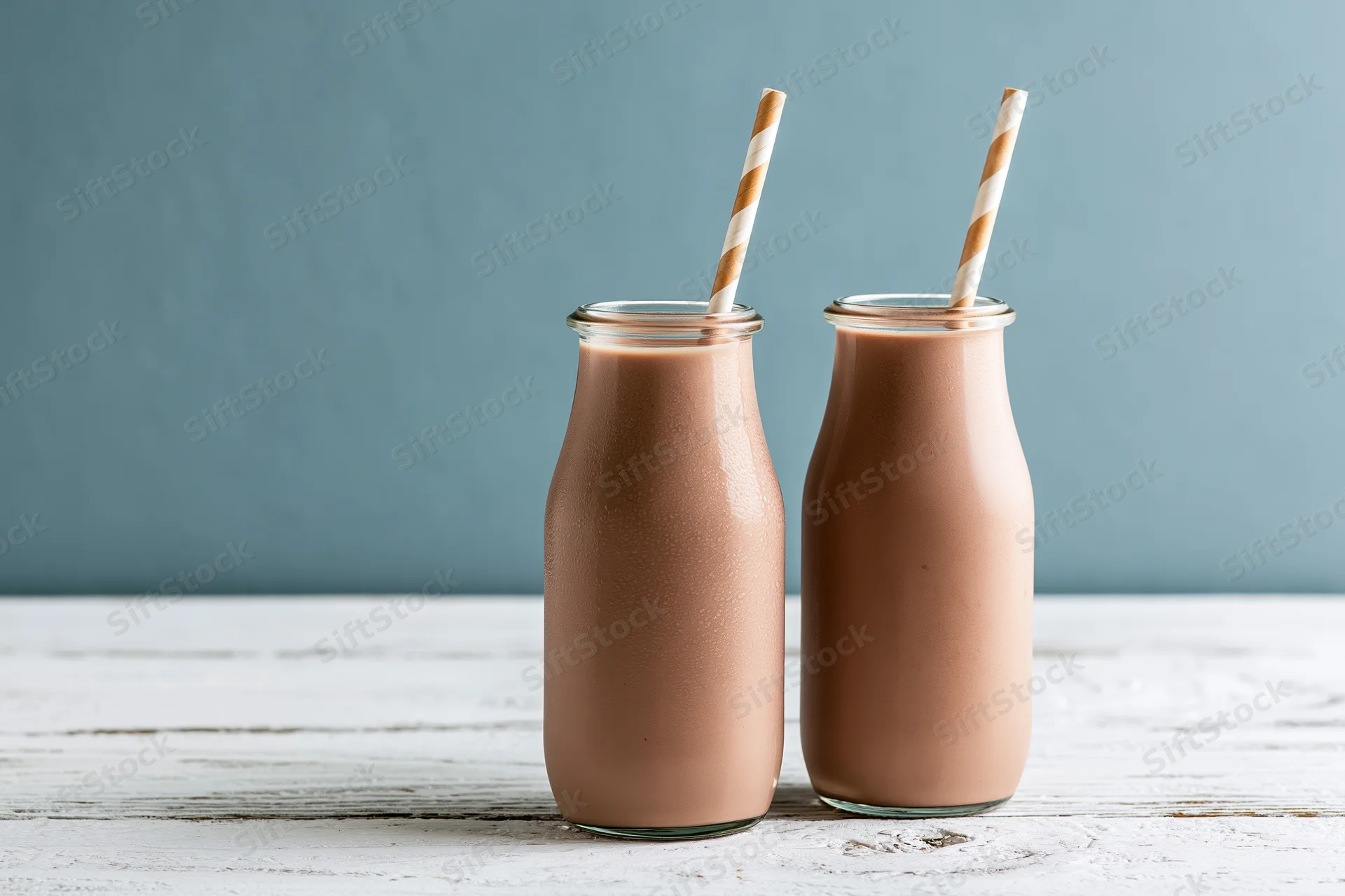 Two glass bottles filled with chocolate milk on a white wooden table, each with a striped paper straw