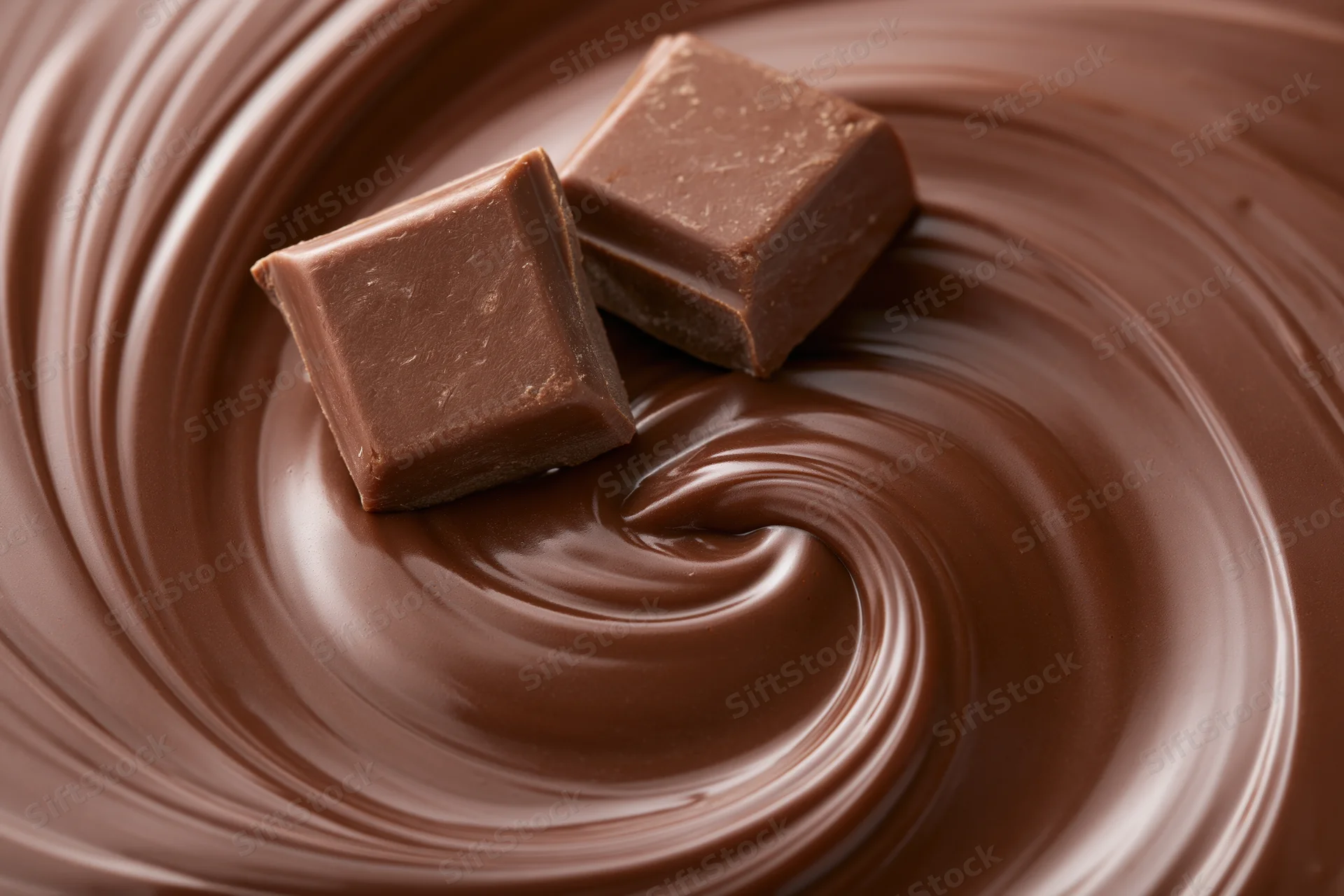 Two milk chocolate squares resting on a swirling pool of melted chocolate