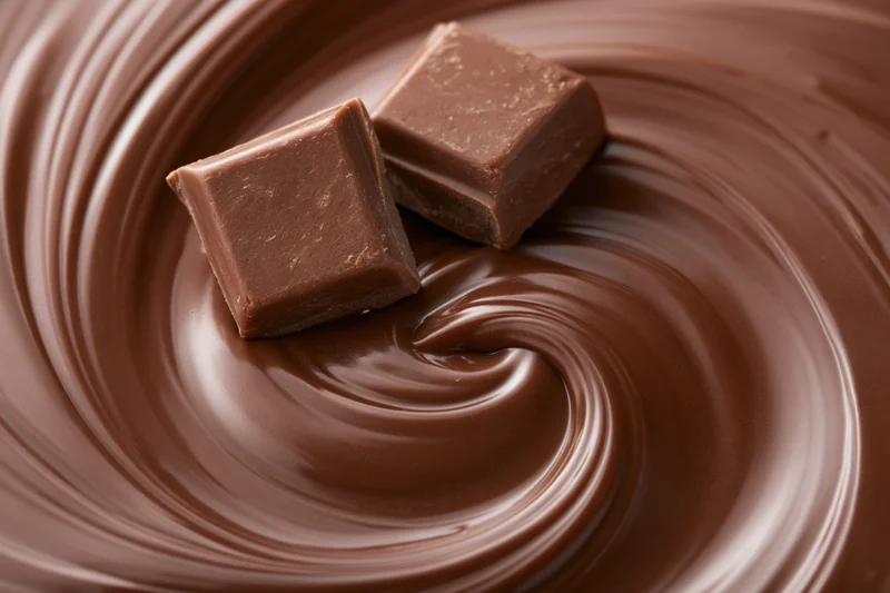 Two milk chocolate squares resting on a swirling pool of melted chocolate