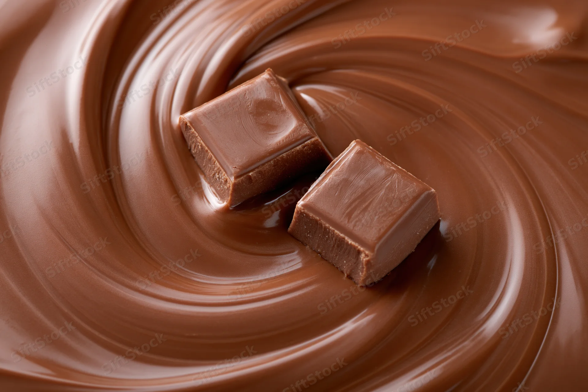Two milk chocolate squares resting on a swirling pool of melted chocolate