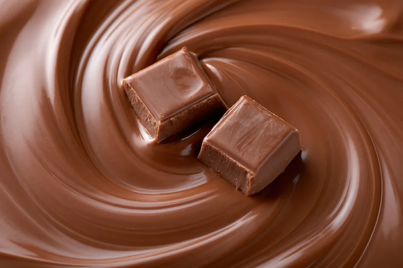 Two milk chocolate squares resting on a swirling pool of melted chocolate