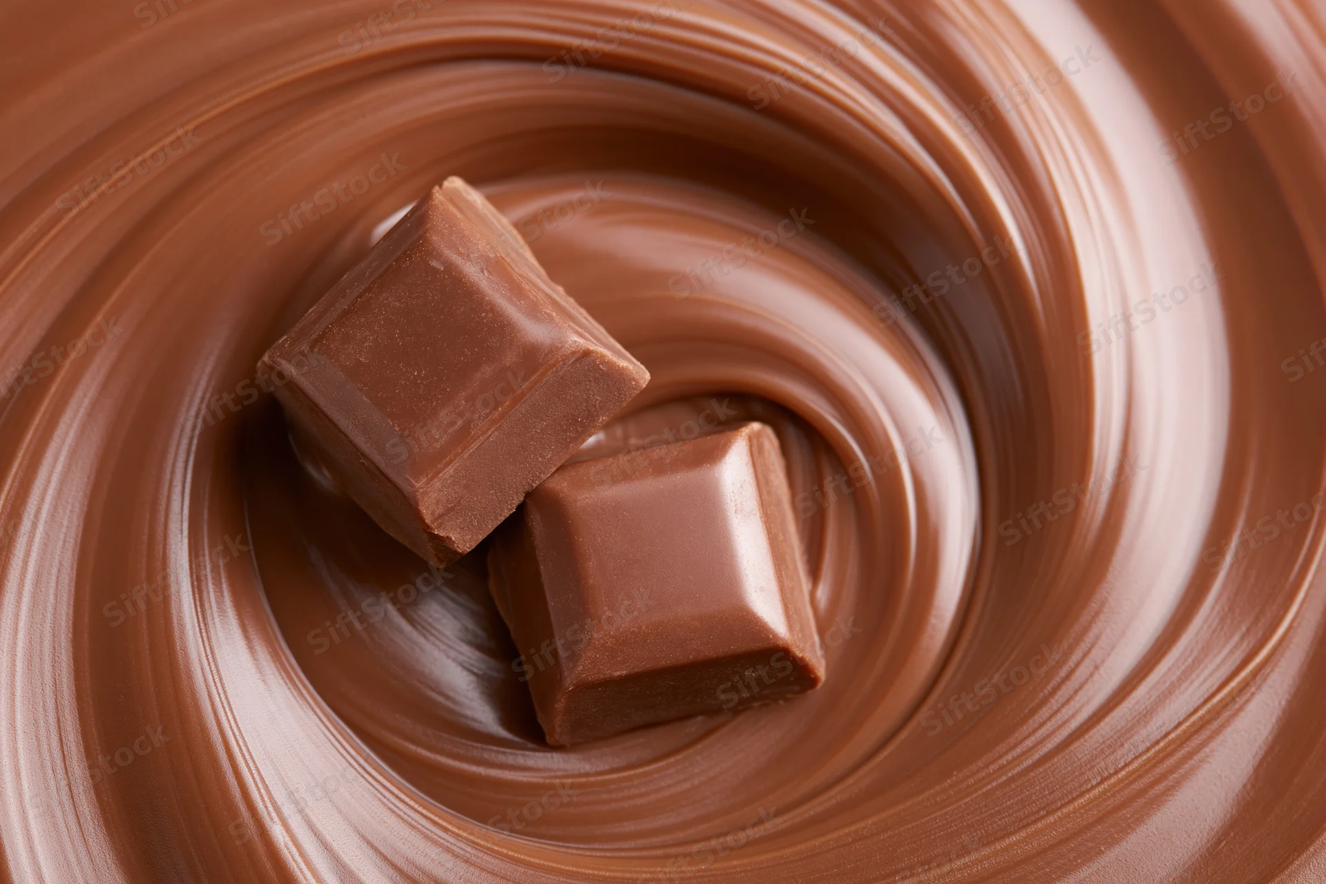 Two milk chocolate squares resting on a swirling pool of melted chocolate